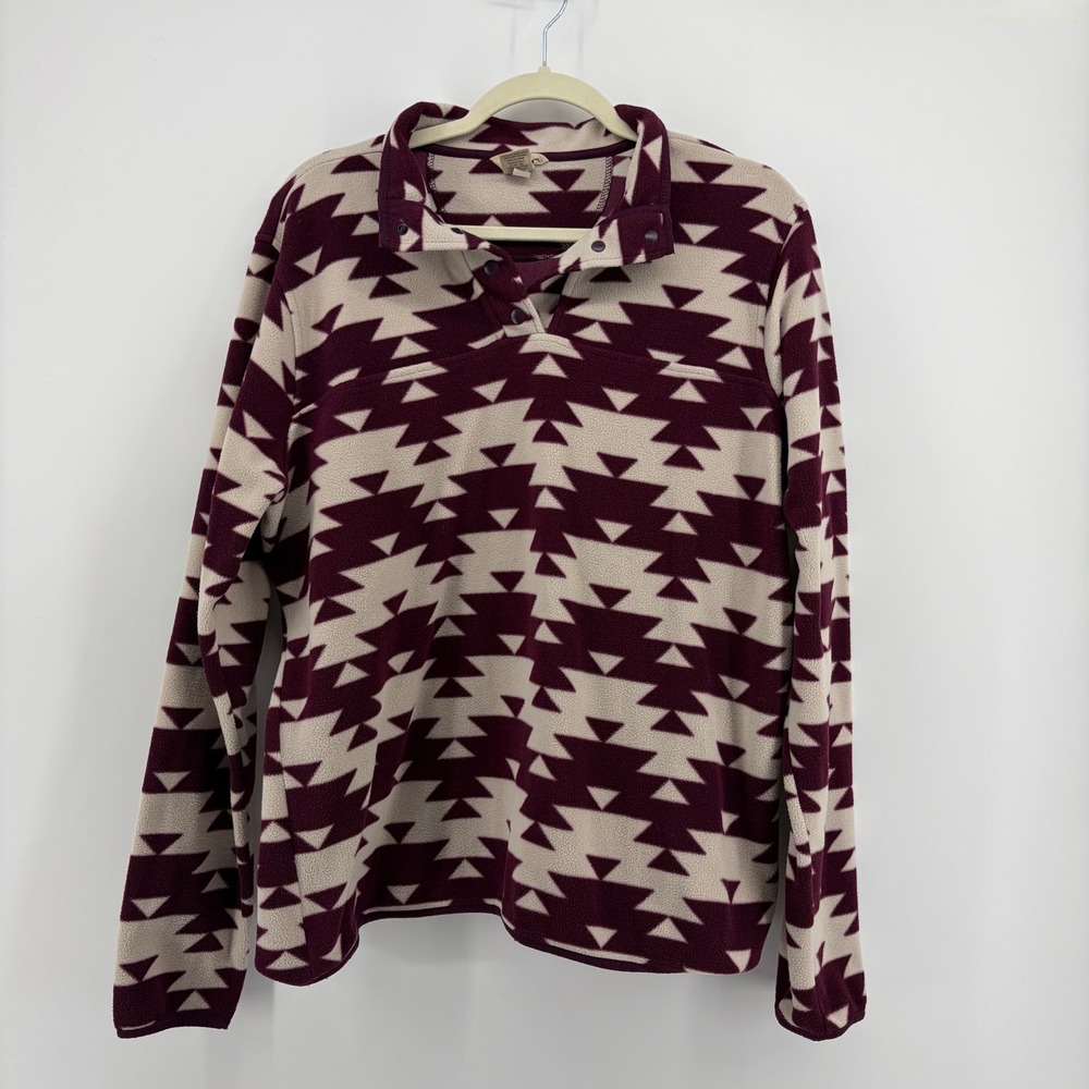 Duluth Trading Co Womens L Burgundy Fleece Pullover Geometric Snap Mock Neck
